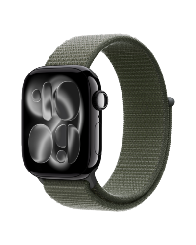 Apple Watch Series 11 GPS, 46mm Jet Black Aluminum Case with Forest Sport Loop