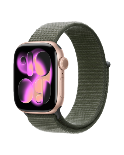 Apple Watch Series 11 GPS, 46mm Rose Gold Aluminum Case with Forest Sport Loop