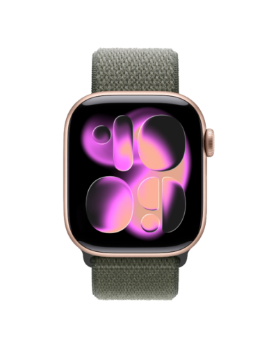 Apple Watch Series 11 GPS, 46mm Rose Gold Aluminum Case with Forest Sport Loop