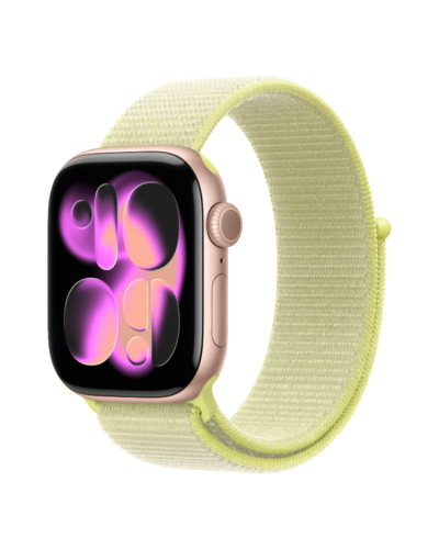 Apple Watch Series 11 GPS, 46mm Rose Gold Aluminum Case with Neon Yellow Sport Loop