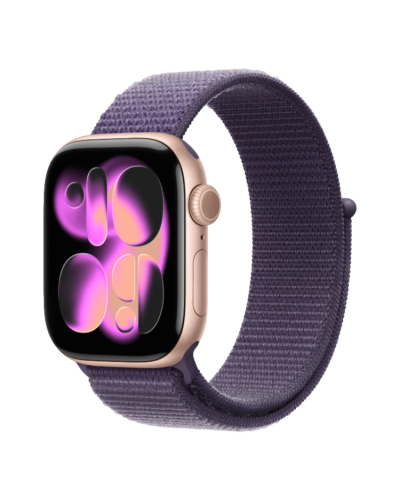 Apple Watch Series 11 GPS, 46mm Rose Gold Aluminum Case with Purple Fog Sport Loop